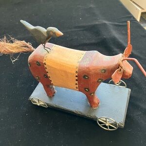Rare Folk Art Wooden Cow And Crow On Wheels Antique Inspired 8”x6”